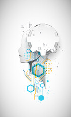 Artificial Intelligence. Technical background with a silhouette of a man. Big data concept. Machine cyber mind.