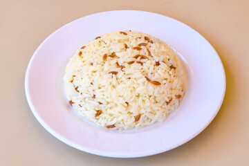 Traditional delicious Turkish food; Turkish style rice pilaf (Turkish name; Arpa sehriyeli. tavuklu, kuru fasulyeli, kavurmali pirinc pilavi)
