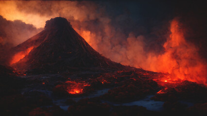 Night landscape with volcano and burning lava. Volcano eruption, fantasy landscape. 3D illustration. © Terablete