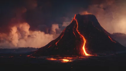 Foto op Canvas Night landscape with volcano and burning lava. Volcano eruption, fantasy landscape. 3D illustration. © Terablete