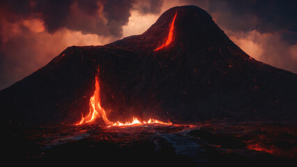 Night landscape with volcano and burning lava. Volcano eruption, fantasy landscape. 3D illustration. - obrazy, fototapety, plakaty