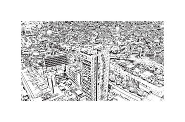 Building view with landmark of Nicosia is the 
capital of Cyprus. Hand drawn sketch illustration in vector.