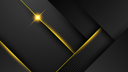 Black and yellow overlap background. Texture with dark metal pattern. Modern overlap dimension vector design. Futuristic perforated technology abstract background with yellow glowing lines