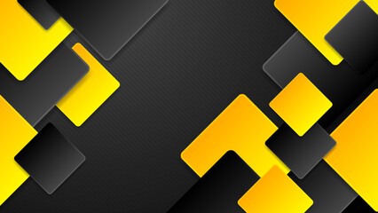 Black and yellow overlap background. Texture with dark metal pattern. Modern overlap dimension vector design. Futuristic perforated technology abstract background with yellow glowing lines