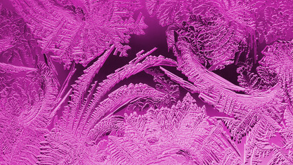 Ice and frost on window glass in winter. Pattern of frozen water crystals, similar to leaves of fantastic plants. Magenta tinted wallpaper. Dark abstract drawing Christmas theme background
