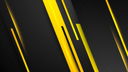 Black and yellow overlap background. Texture with dark metal pattern. Modern overlap dimension vector design. Futuristic perforated technology abstract background with yellow glowing lines