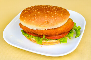 Big tasty  burger with beef cutlet on a plate. Hamburger.