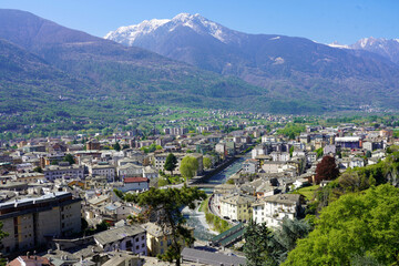 Fototapeta na wymiar Aerial view of Sondrio town in Valtellina valley in Lombardy region, Italy