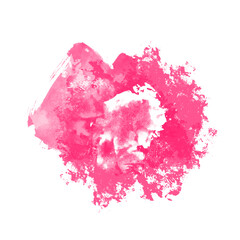 Abstract hand-drawn blurred textured pink watercolor stain isolated on white background. Round wet brush stamp. Freehand paintbrush stroke graphic design element. Messy spot with splashes.