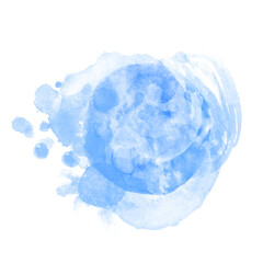 Obraz premium Abstract hand-drawn blurred textured layered blue watercolor stain isolated on white background. Round wet brush stamp. Freehand paintbrush stroke design element. Messy spot with splashes and drops.