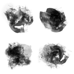 Set of 4 abstract hand-drawn grungy blurred textured black watercolor paint and charcoal stains on white background. Collection of graphic design round brush stroke elements. Paintbrush stamps pack.