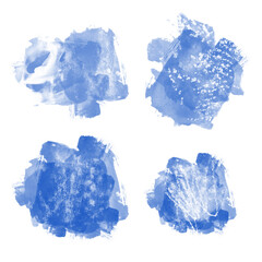 Fototapeta premium Set of 4 abstract hand-drawn blurred textured dark blue watercolor and white chalk or dry pastel stains isolated on white background. Collection of messy round stamps. Pack of graphic design elements.