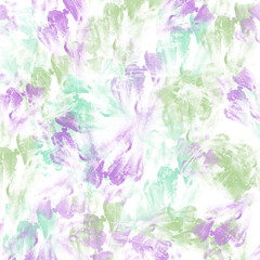 Abstract green, blue, purple textured paintbrush strokes on white background. Watercolor, acrylic, gouache paint, dry pastel, chalk imitation stains wallpaper. Tender spring nature color palette print