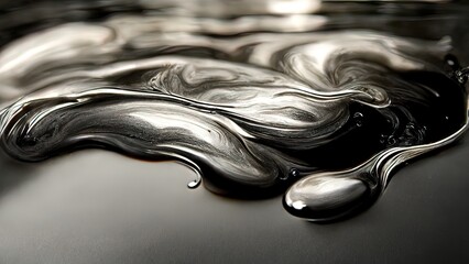 Melted iron metal. 4K liquid silver paint. Abstract texture of shiny grey liquid with reflections. Close up, macro 3d render of grey chrome. Abstract melted metal wallpaper. 3D rendering background.