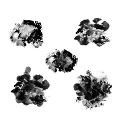 Set of 5 abstract hand-drawn grungy blurred textured wet black watercolor paint stains isolated on white background. Collection of graphic design round brush stroke elements. Paintbrush stamps pack.