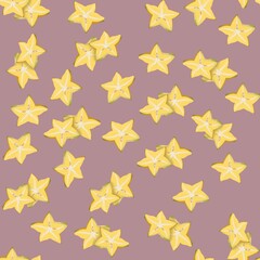 Surface pattern with Star fruit on a pink background.  Star fruit  texture seamless pattern print background.