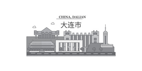 China, Dalian city skyline isolated vector illustration, icons - obrazy, fototapety, plakaty