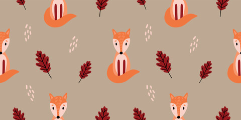 Autumn pattern with colorful seasonal leaves and fox. 