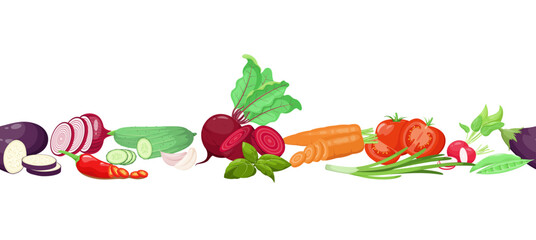 Seamless border with ripe vegetables. Cartoon design.
