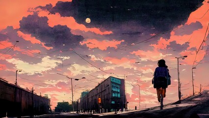 Fototapeta na wymiar Anime, manga landscape at dusk. 4K moody, lofi, abstract background. Sad beautiful artwork with pink clouds and mountains.