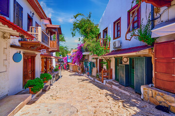 Old colored street view. Houses with wooden balconies in Kas city, Turkey