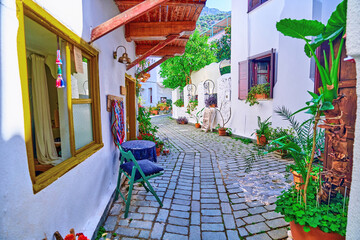 Old colored street view with white houses in Kas city, Turkey