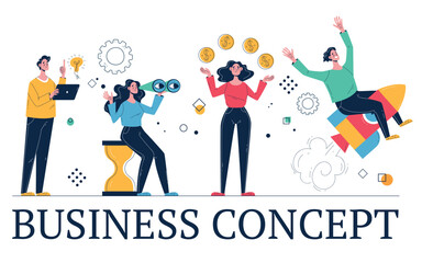 Business people characters office workers managers working on business start up project. Vector doodle line style design element