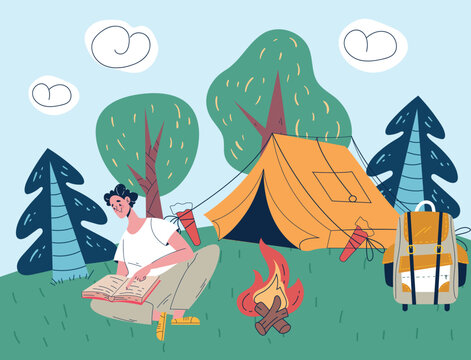 Camp campfire travel hiking vacation concept illustration. Vector doodle line style design element