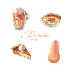 Pumpkin dishes and drinks watercolor illustration