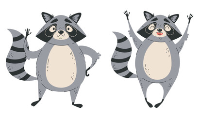 Racoon happy cute animal cartoon character comic style with different pose isolated set collection concept. Vector graphic design element illustration