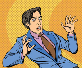 Fototapeta premium Young businessman shocked, scared, worried.hand drawn style vector design illustration.