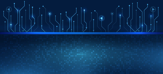 Sci-fi, artificial intelligence, engineering, big data visualization banner. Hi-tech elements for presentation. Technology innovation concept template background.