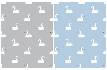 Simple Modern Seamless Vector Pattern with White Swan with Red Beak Isolated on a Pastel Blue and Gray Background. Lovely Hand Drawn Print with White Bird ideal for Fabric, Textile, Wrapping Paper.