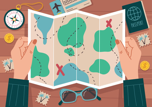 Travel trip map lay on wooden desk. Tourism vacation infographic top view banner concept. Vector graphic design element illustration