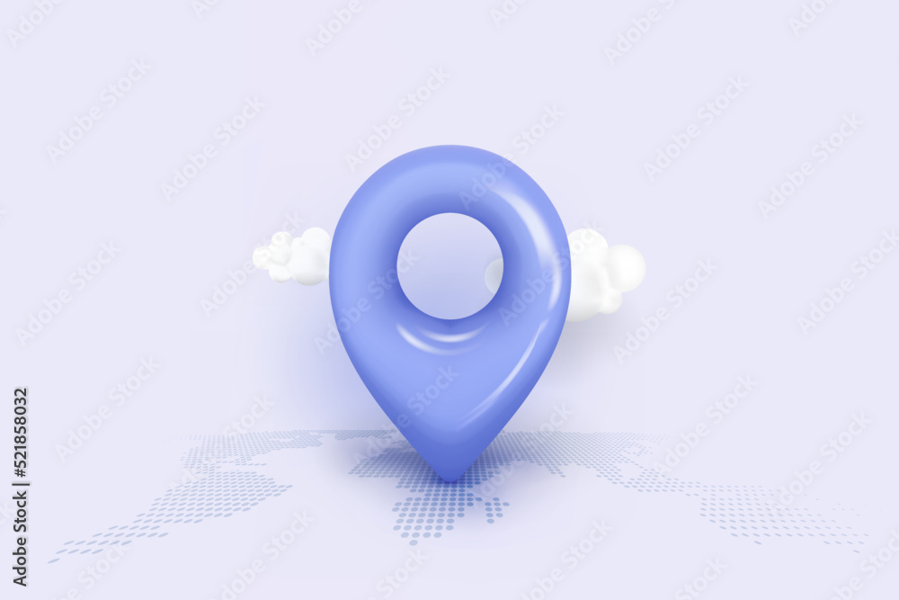 Poster 3d map location point marker of map or navigation pin icon sign on isolated cloud background. 3d pin