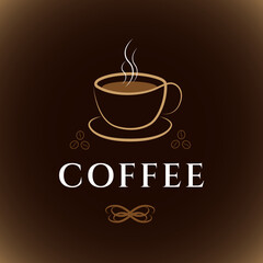 Cup, coffee inscription on a brown background. Vector icon, logo, coffee shop sign, sale of coffee drinks, packaging. Vector illustration.