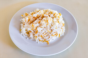 Traditional delicious Turkish food; Turkish style rice pilaf (Turkish name; Arpa sehriyeli. tavuklu, kuru fasulyeli, kavurmali pirinc pilavi)