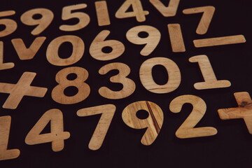 Colorful wooden colorful numbers background. Numbers texture abstraction. Global economy crisis...