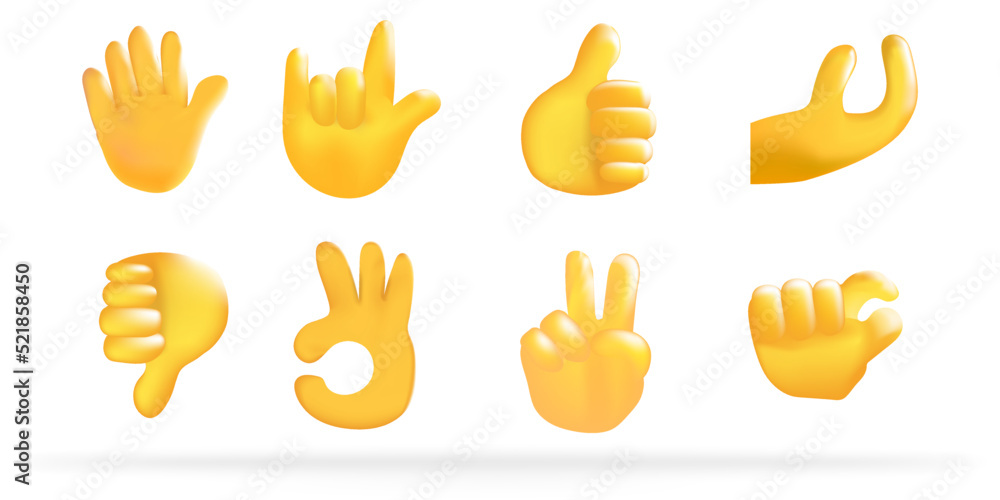 Poster hands set of realistic 3d design in cartoon style. minimal style. hand shows different gestures sign
