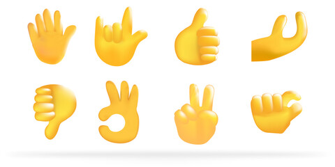 Hands set of realistic 3d design in cartoon style. Minimal style. Hand shows different gestures signs isolated on white background. Vector illustration.