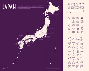 Detailed map of Japan with administrative divisions on dark background, country big cities and icons set, vector illustration