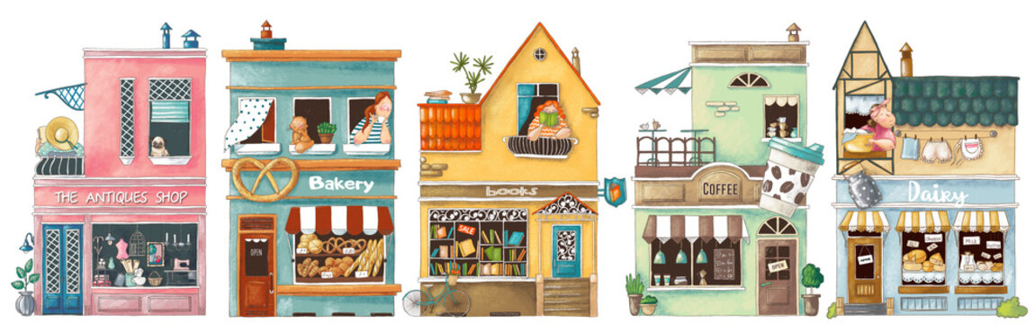 City houses clipart. Town buildings. Cute shops illustrations. City markets and stores cartoon images.