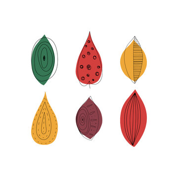 Fall leaf icon vector illustration set. Hand drawn 3 colorful design. Isolated graphic symbols. Autumn sign. Boho scandi colors. Nature abstract concept. Line art. Grey background. Red, yellow, green