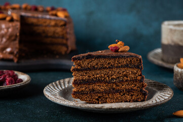 Chocolate Austrian dessert Sacher with apricot jam and nuts. Traditional austrian dessert. Sacher...