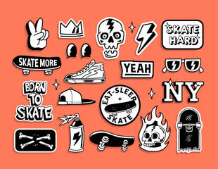 Skateboard badges, stickers. Vector illustrations of peace hand sign, skull, hat, shoes, sunglasses, lightning and skateboards. - obrazy, fototapety, plakaty