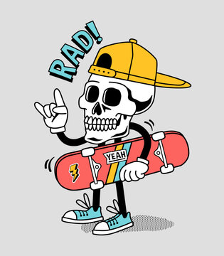 Cartoon skater skull character illustration. Vector graphic for apparel prints, posters and other uses.