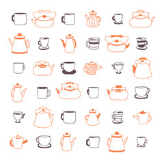 Doodle teapot, cups and mugs simple collection. Perfect for kitchen towel, dishcloth, stationery, poster and print. Hand drawn retro vector illustration isolated on white background.