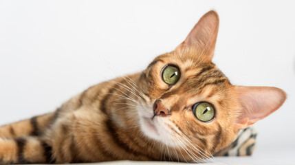 Lying bengal cat on a white background.