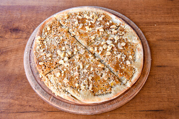 Turkish Dessert Sobiyet  Baklava, mussels baklava and classic baklava with Pistachio . Cevizli, Fistikli Baklava, top view.