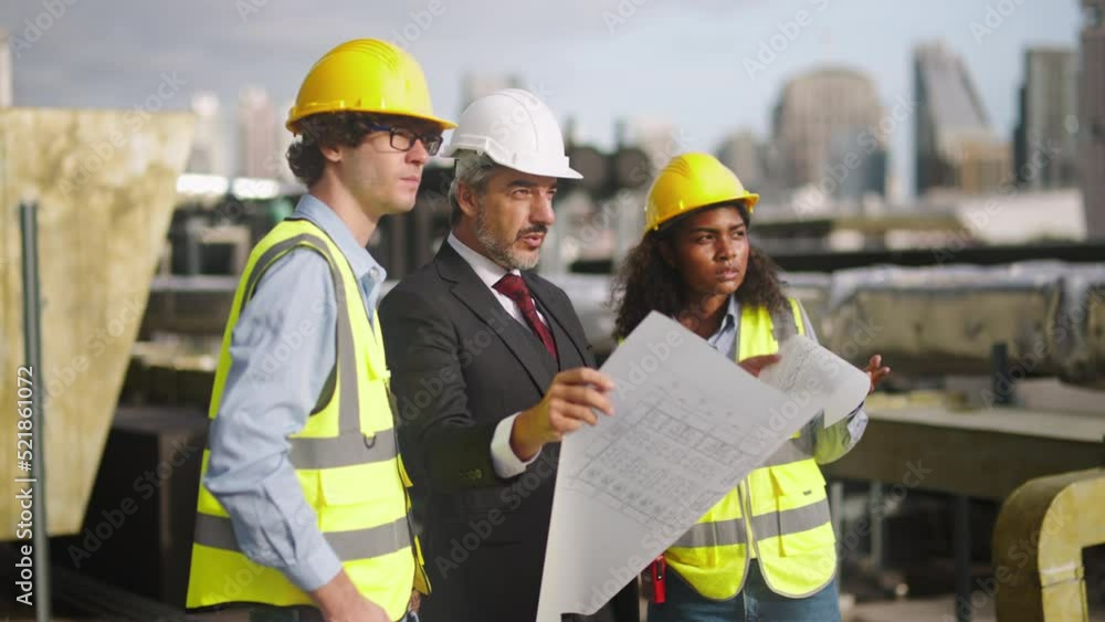 Poster structural engineer,architect and worker working with blueprints discuss at the outdoors constructio
